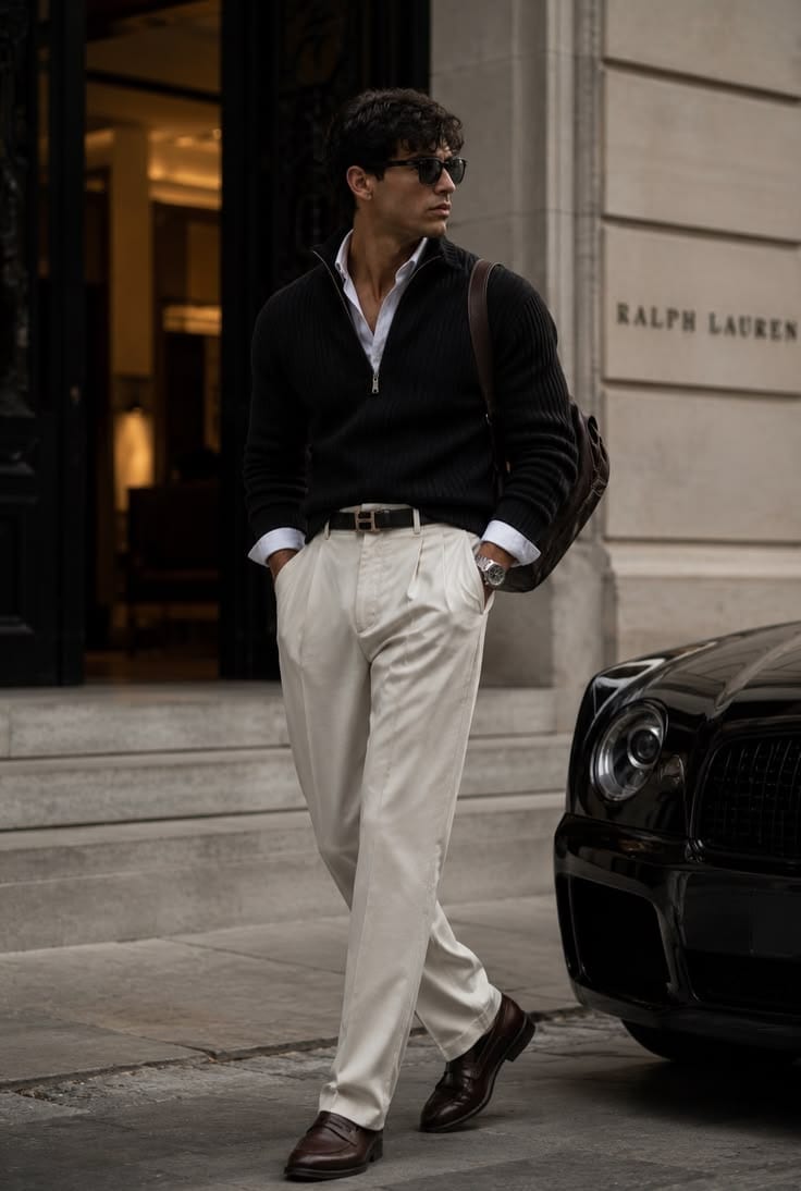 Black knit over white shirting