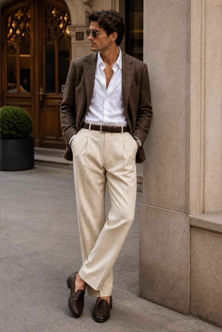 Brown blazer with cream trousers